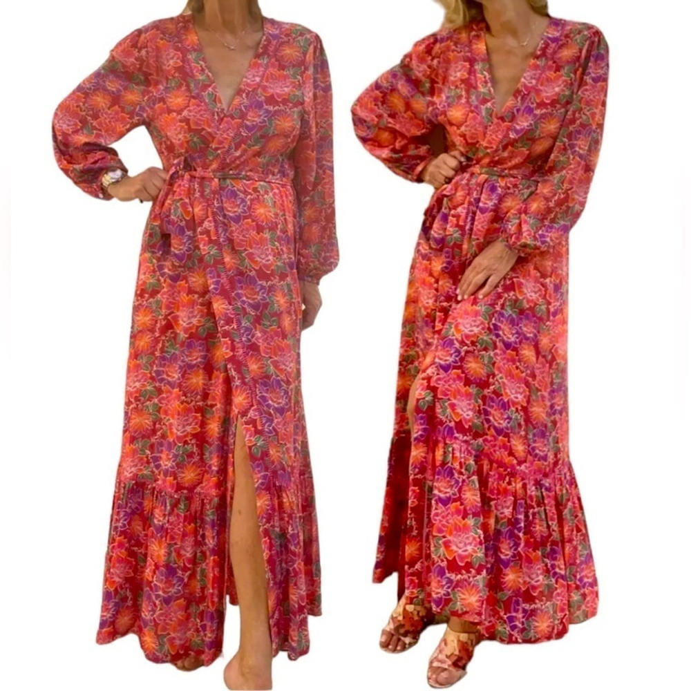 Paloma Blue Bowie CREPE DE CHINE Kimono Wrap Maxi Colorful Floral Dress Size XS - Picture 2 of 16